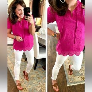 LOFT Eyelet Blouse Summer Pink short sleeves sz MP body is lined v-neck ties